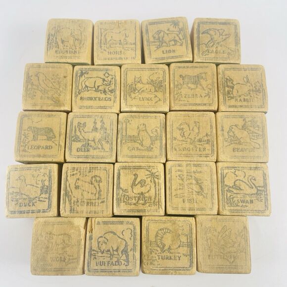Antique Wooden Alphabet Toy Blocks Numbers Letters Animals Early 1900s Lot of 23 - Picture 4 of 8